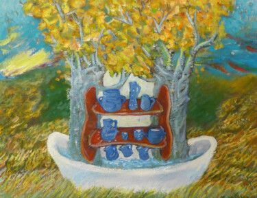 "Czerwona półka" başlıklı Tablo Elżbieta Goszczycka tarafından, Orijinal sanat, Petrol Ahşap Sedye çerçevesi üzerine monte e…