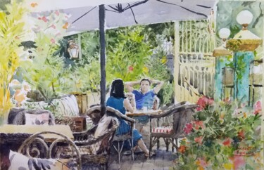 Painting titled "Couple dans le  res…" by Vincent Monluc, Original Artwork, Watercolor
