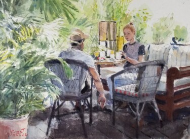 Peinture intitulée "Petit déjeuner au r…" par Vincent Monluc, Œuvre d'art originale, Aquarelle