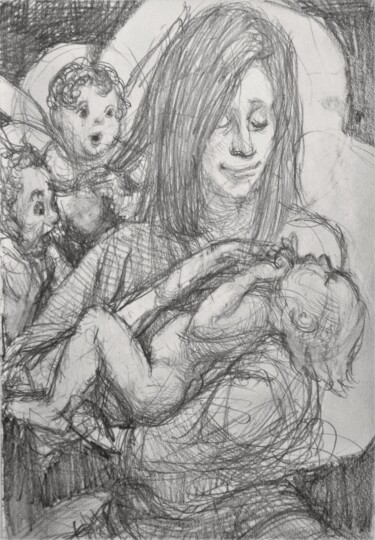 图画 标题为“Mother and Child 4” 由Edwin Loftus, 原创艺术品, 铅笔 安装在其他刚性面板上