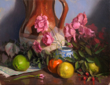 Peinture intitulée "Citrons, Roses et P…" par Pascal Giroud, Œuvre d'art originale, Huile