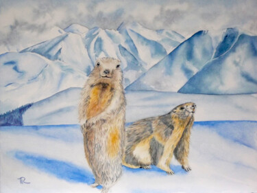 Aquarelle originale et unique: Marmottes pyrénéennes Peinture intitulée "Aquarelle originale…" par Isabelle Redonnet, Œuvre d'art originale, Aquarelle