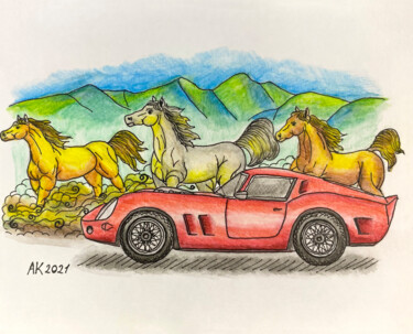 Car & Horses 图画 标题为“Car & Horses” 由Anastasia Kurganova, 原创艺术品, 水彩