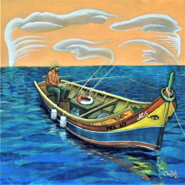 绘画 标题为“Seascape with boat…” 由Chuzhik, 原创艺术品, 油