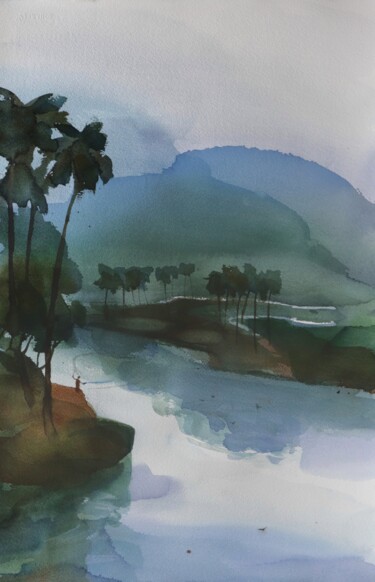 제목이 "Fishing for quietude"인 미술작품 Prashant Prabhu로, 원작, 수채화