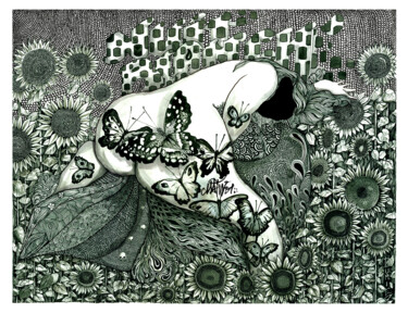 L'effet papillon Dessin intitulée "L'effet papillon" par Grotsk, Œuvre d'art originale, Encre
