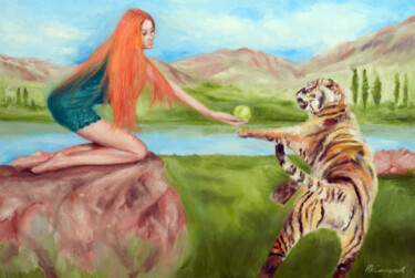 绘画 标题为“Alena and the tiger” 由Yury Smirnov, 原创艺术品, 油 安装在木质担架架上