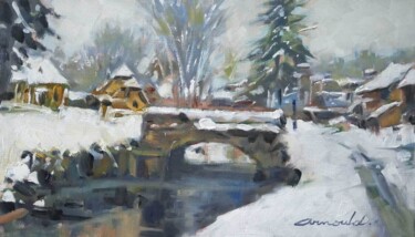 Painting titled "Petit pont enneigé…" by Christian Arnould, Original Artwork, Oil