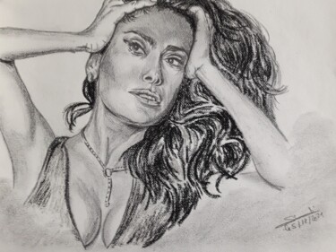 Portrait de Salma Hayek réalisé au crayon Dessin intitulée "Portrait de Salma H…" par Gilles Staub (LeCrayonAgile), Œuvre d'art originale, Crayon