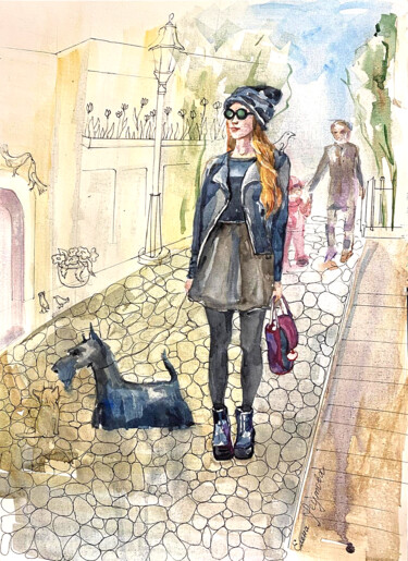 Scotch Terrier and his fashionable mistress in the city. 「Scotch Terrier and…」というタイトルの絵画 Elena Reutovaによって, オリジナルのアートワーク, 水彩画