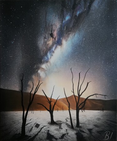 Milky-way in Namib Desert 绘画 标题为“Milky-way in Namib…” 由Bekir İSlam, 原创艺术品, 颜料 安装在木质担架架上