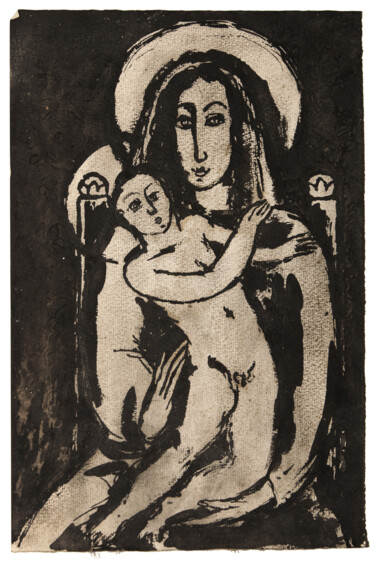 Dessin intitulée "Madone à l'Enfant" par Marcel Mariono, Œuvre d'art originale, Encre
