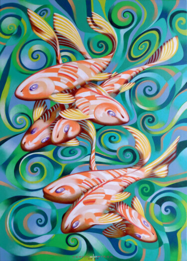 绘画 标题为“Gold fish” 由Federico Cortese, 原创艺术品, 油 安装在木质担架架上
