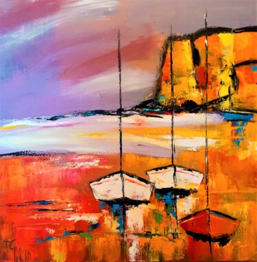 Bateaux à Etretat Peinture intitulée "Bateaux à Etretat" par Daniel Giacchi, Œuvre d'art originale, Huile
