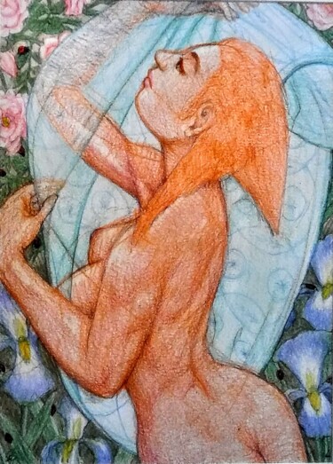 图画 标题为“Nude with Flowers 2” 由Edwin Loftus, 原创艺术品, 粉彩 安装在其他刚性面板上