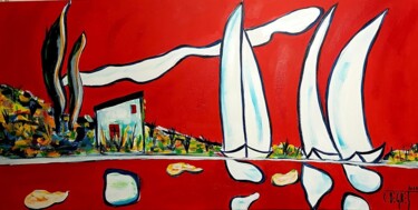Trois voiles sur l'étang de Thau Peinture intitulée "Trois voiles sur l'…" par Claude Degret, Œuvre d'art originale, Acrylique