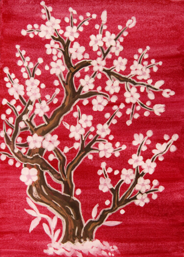 White tree on crimson Painting titled "White tree on crims…" by Irina Afonskaya, Original Artwork, Watercolor