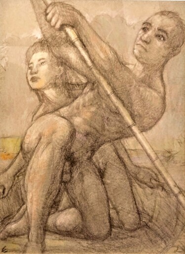 图画 标题为“Escape by Boat” 由Edwin Loftus, 原创艺术品, 铅笔 安装在其他刚性面板上