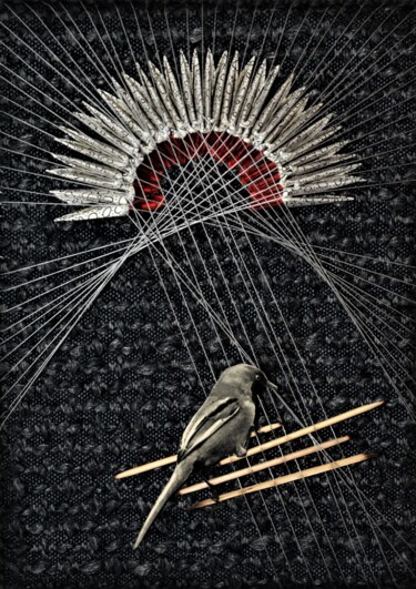 Collages titled "Bird song 2" by Iztok Šostarec, Original Artwork, Collages Mounted on Wood Stretcher frame