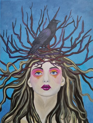 La dame au corbeau Painting titled "La dame au corbeau" by Sophie Ackermann, Original Artwork, Acrylic