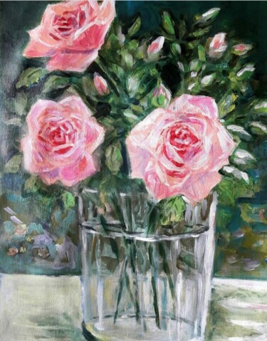 Painting titled "Pink roses" by Dharsha Samarasinha, Original Artwork, Acrylic