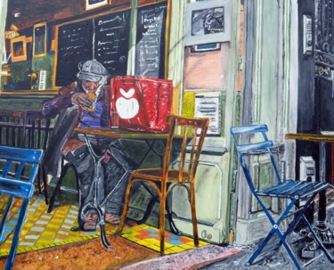 「Rue Mouffetard」というタイトルの絵画 Jerome Labrunerie (GEO)によって, オリジナルのアートワーク, オイル ウッドストレッチャーフレームにマウント