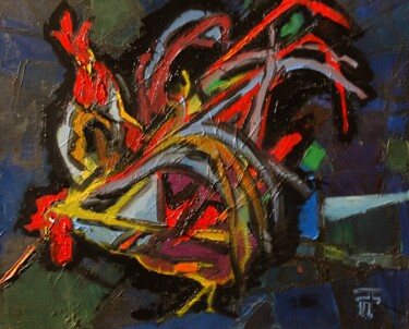 Painting titled "2 coqs pour un ver" by Thierry Faure, Original Artwork, Oil