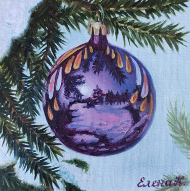 New year purple ball 绘画 标题为“New year purple ball” 由Elena Kozyutenko, 原创艺术品, 油 安装在纸板上