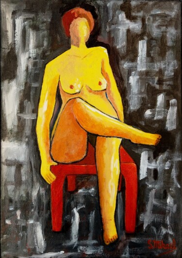 The Yellow Nude Painting titled "The Yellow Nude" by Michael Aoun, Original Artwork, Acrylic Mounted on Wood Panel
