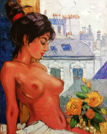 Pittura intitolato "Alla finestra" da Lidia Tchoumakova, Opera d'arte originale, Olio Montato su Telaio per barella in legno