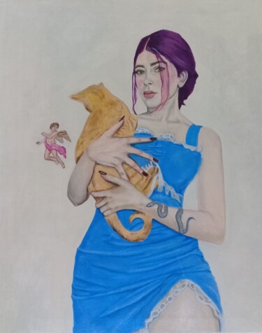 Jazmín con gato. Ζωγραφική με τίτλο "Jazmín con gato." από Bonifacio Contreras, Αυθεντικά έργα τέχνης, Λάδι