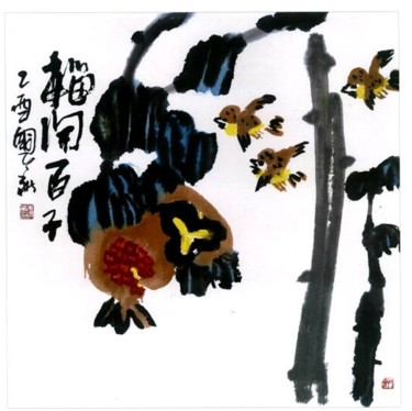 绘画 标题为“榴开百子” 由国华 姜, 原创艺术品, 油