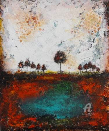 Trees At the bank of a pond Landscape Painting Schilderij getiteld "Trees At the bank o…" door Indrani Ghosh, Origineel Kunstwerk, Acryl Gemonteerd op Andere stijve panelen