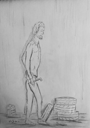 Drawing titled "Dans le Garage." by Roberto Urbano, Original Artwork, Pencil