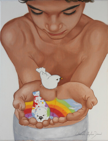 Garçon et oiseaux Peinture intitulée "Garçon et oiseaux" par Christophe Stephan Durand, Œuvre d'art originale, Huile