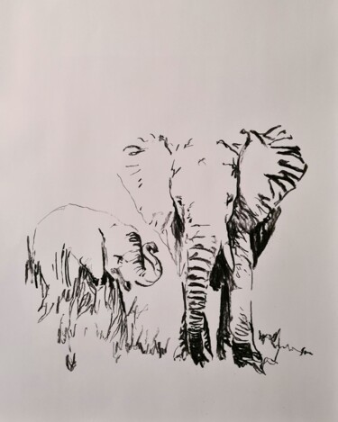 Dessin intitulée "Éléphants 2021" par Karl Robial, Œuvre d'art originale, Fusain