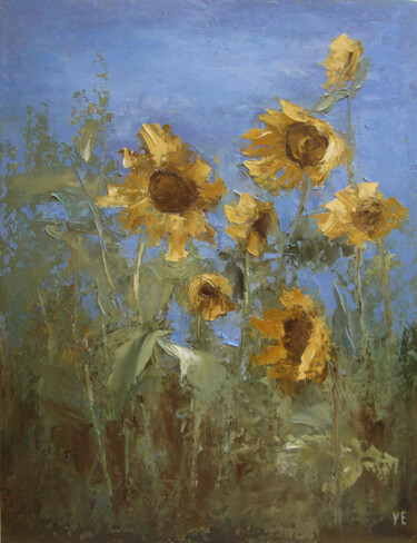 Sunflowers, oil painting impasto Картина под названием "Sunflowers, oil pai…" - Elena Yudina, Подлинное произведение искусства, Масло Установлен на Деревянна…