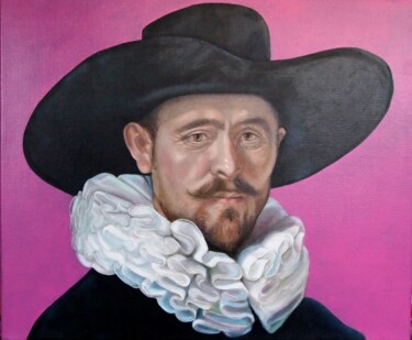 Schilderij getiteld "Hoed" door Marlies Van Leeuwen, Origineel Kunstwerk, Olie Gemonteerd op Frame voor houten brancard