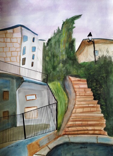 Painting titled "view at Tsefat" by Janna Shulrufer, Original Artwork, Watercolor