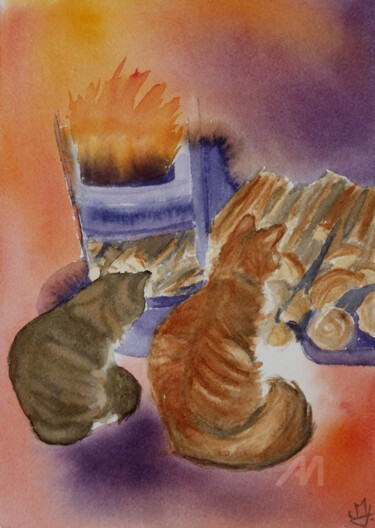 Painting titled "Cha(t)leureux" by Emilie Denis, Original Artwork, Watercolor