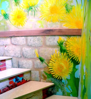 En décors escalier, peignant des pissenlits géants