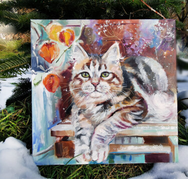 Animals oil painting, Pet portrait painting ,Cat wall art Painting titled "Animals oil paintin…" by Annet Loginova, Original Artwork, Oil Mounted on Wood Stretcher frame