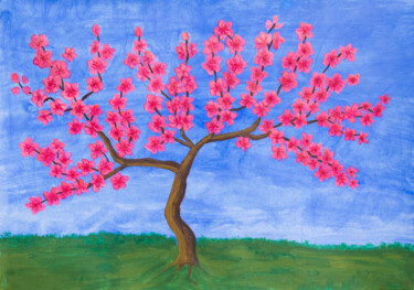 Pink tree on blue sky Painting titled "Pink tree on blue s…" by Irina Afonskaya, Original Artwork, Acrylic