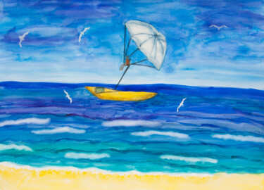 Seascape with white parachute Peinture intitulée "Seascape with white…" par Irina Afonskaya, Œuvre d'art originale, Aquarelle
