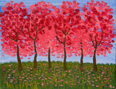 Crimson trees Painting titled "Crimson trees" by Irina Afonskaya, Original Artwork, Oil Mounted on Wood Stretcher frame