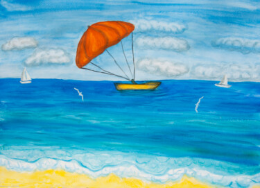Seascape with orange parachute Peinture intitulée "Seascape with orang…" par Irina Afonskaya, Œuvre d'art originale, Aquarelle