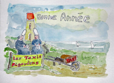 Painting titled "Les Taxis de deux b…" by Michel Hamelin, Original Artwork, Watercolor