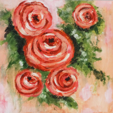 Peinture intitulée "Peach Roses Flower…" par Indrani Ghosh, Œuvre d'art originale, Acrylique Monté sur Autre panneau rigide
