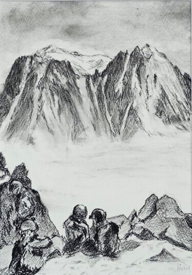 Posé au sommet de l'Aiguille d'Argentière Dessin intitulée "Posé au sommet de l…" par Dominique Hieaux, Œuvre d'art originale, Fusain