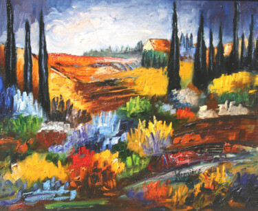 Peinture intitulée "les cyprés" par Patrick Lemiere, Œuvre d'art originale, Huile